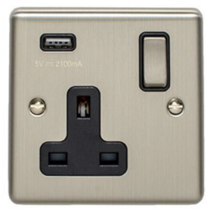 Eurolite Brushed Chrome 1 Gang USB Socket Black Insert
