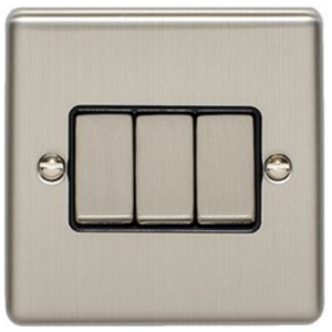 Eurolite Brushed Chrome 3 Gang 2 Way Switch Black Insert