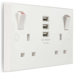 Socket, Switched 2 Gang SP c/w 3xUSB, Charger Square Edge