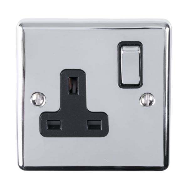 Eurolite Polished Chrome 1 Gang Switched Socket Black Insert