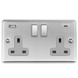 2 Gang DP Switched Socket with 3.1A USB (A & C Ports) and Grey Interior
