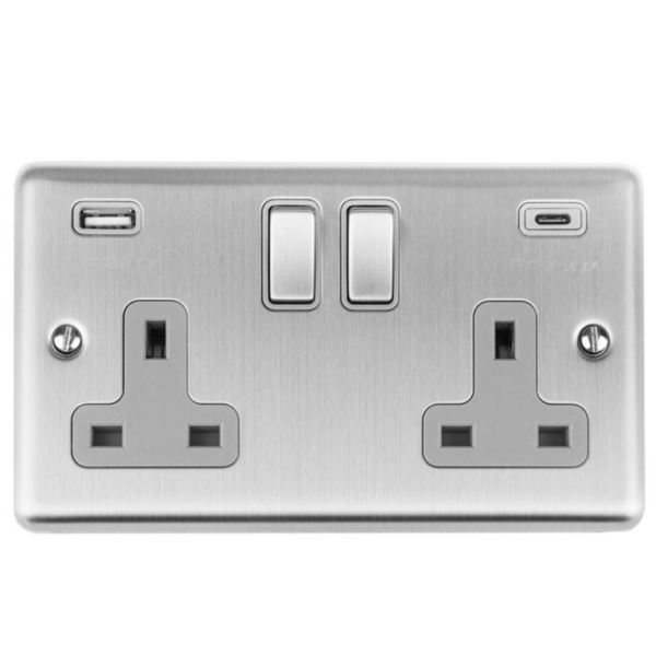 2 Gang DP Switched Socket with 3.1A USB (A & C Ports) and Grey Interior