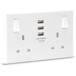 Socket, Switched 2 Gang SP c/w 3xUSB, Charger Square Edge