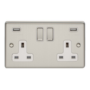 Eurolite Brushed Chrome 2 Gang USB Socket White Insert