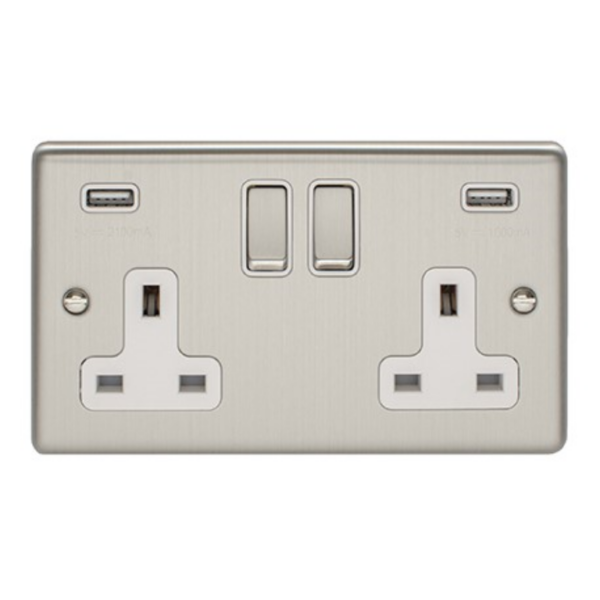 Eurolite Brushed Chrome 2 Gang USB Socket White Insert
