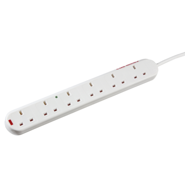 White 6 Gang Surge Protected 2M Extension Lead Neon