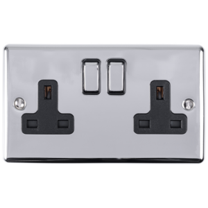 Eurolite Polished Chrome 2 Gang Switched Socket Black Insert
