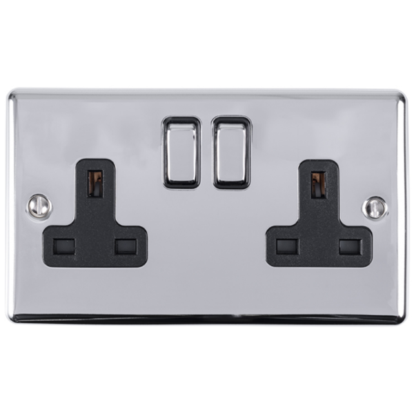 Eurolite Polished Chrome 2 Gang Switched Socket Black Insert