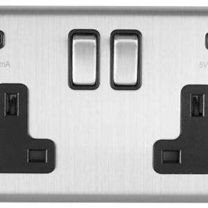 Eurolite Brushed Chrome 2 Gang USB Socket Black Insert