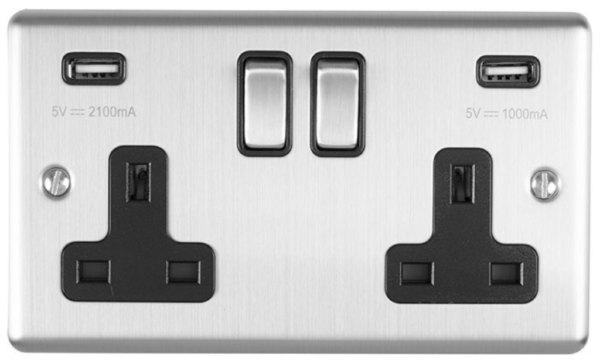 Eurolite Brushed Chrome 2 Gang USB Socket Black Insert