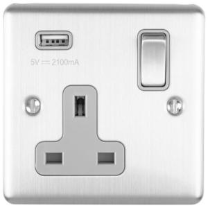 Eurolite Brushed Chrome 1 Gang USB Socket Grey Insert