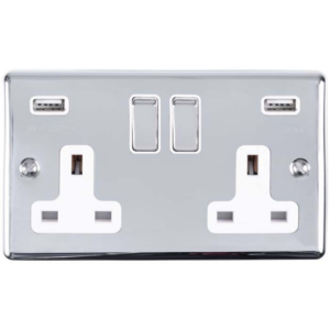 Eurolite Polished Chrome 2 Gang USB Socket White Insert