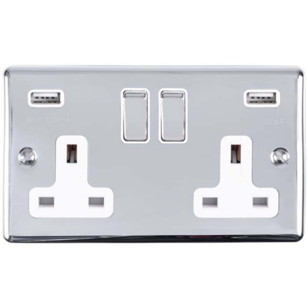 Eurolite Polished Chrome 2 Gang USB Socket White Insert