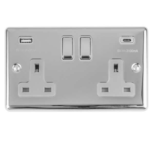 2 Gang DP Switched Socket with 3.1A USB (A & C Ports) and Grey Interior