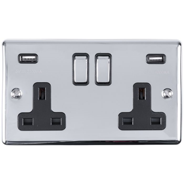 Eurolite Polished Chrome 2 Gang USB Socket Black Insert