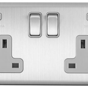 Eurolite Brushed Chrome 2 Gang USB Socket Grey Insert