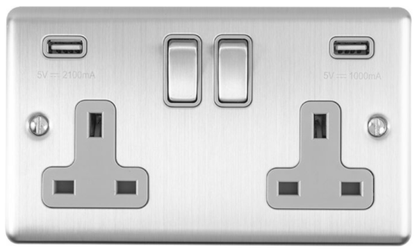 Eurolite Brushed Chrome 2 Gang USB Socket Grey Insert