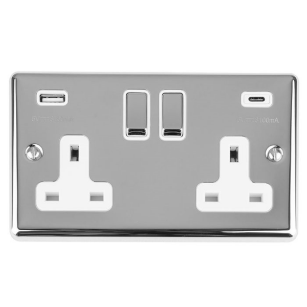 2 Gang DP Switched Socket with 3.1A USB (A & C Ports) and White Interior