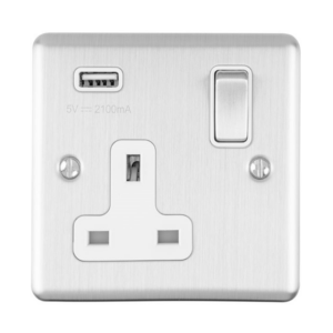 Eurolite Brushed Chrome 1 Gang USB Socket White Insert