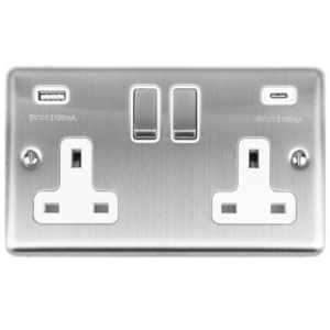 2 Gang DP Switched Socket with 3.1A USB (A & C Ports) and White Interior