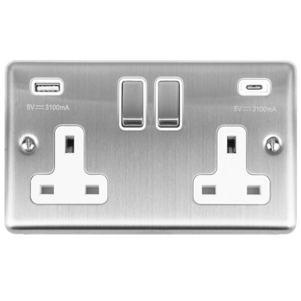 2 Gang DP Switched Socket with 3.1A USB (A & C Ports) and White Interior