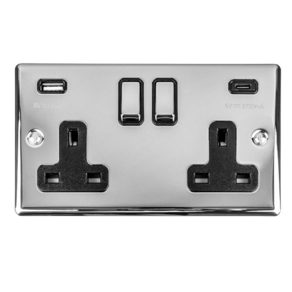 2 Gang DP Switched Socket with 3.1A USB (A & C Ports) and Black Interior
