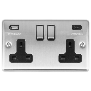 2 Gang DP Switched Socket with 3.1A USB (A & C Ports) and Black Interior